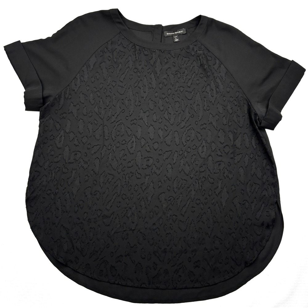 Banana Republic Womens Petite Large Black Textured Jacquard Short Sleeve Blouse